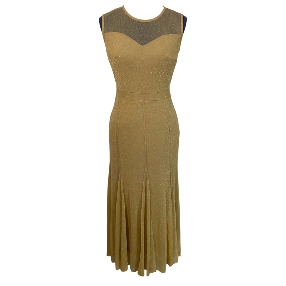 Candalite Gold Metallic Mesh Yoke Mermaid Maxi Dress Old Hollywood Disco Glam PM